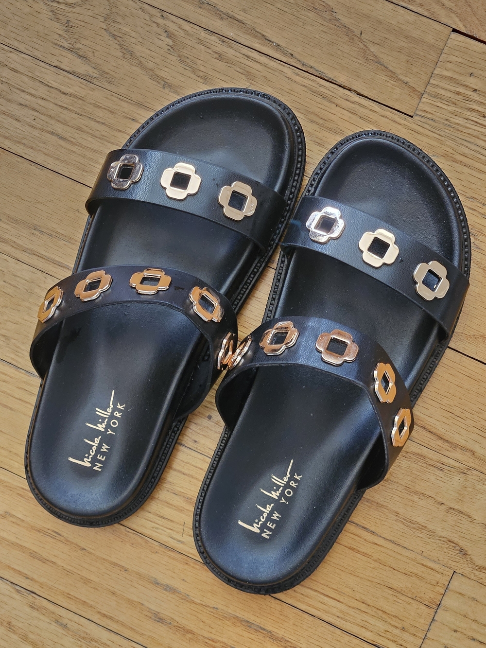 Nicole Miller Black Slide Sandals with Gold Accents